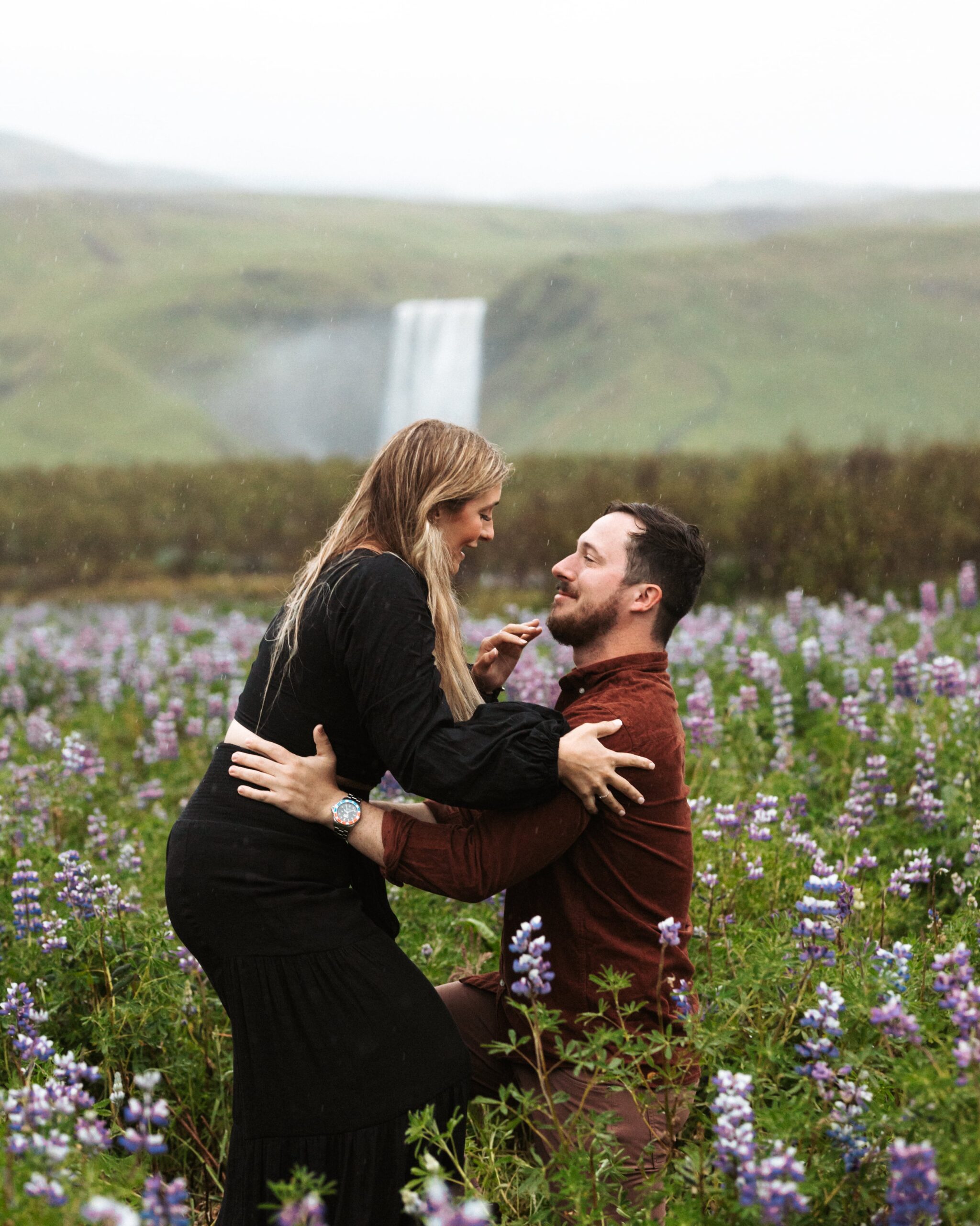 A girl says yes to a proposal in a lupin field by Skogafoss waterfall in Iceland.