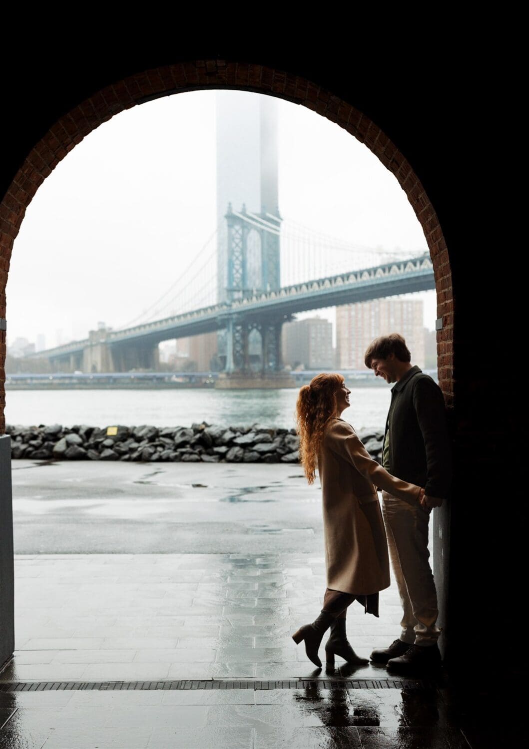 Rainy NYC Brooklyn Bridge Engagement Photos