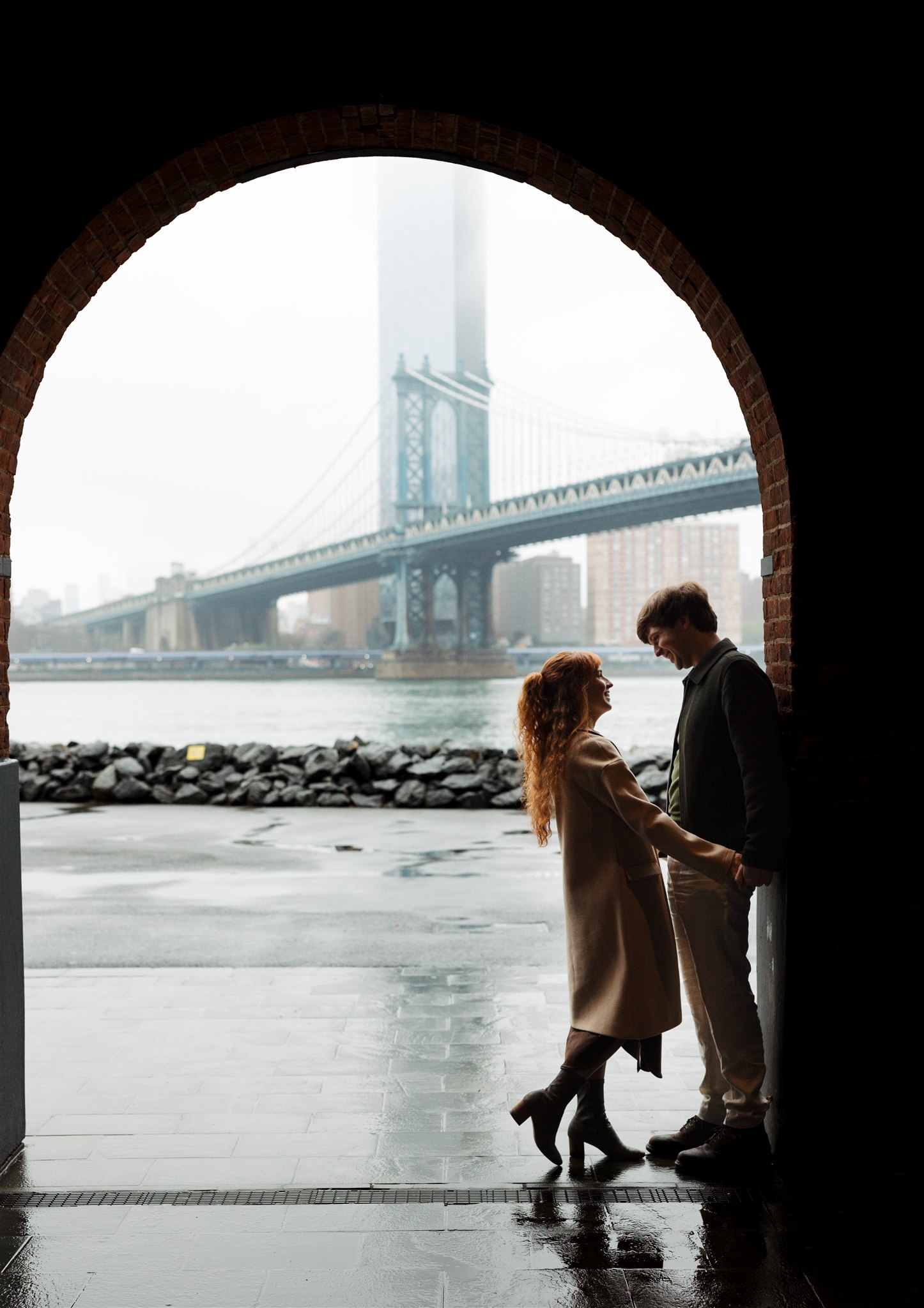 Rainy NYC Brooklyn Bridge Engagement Photos